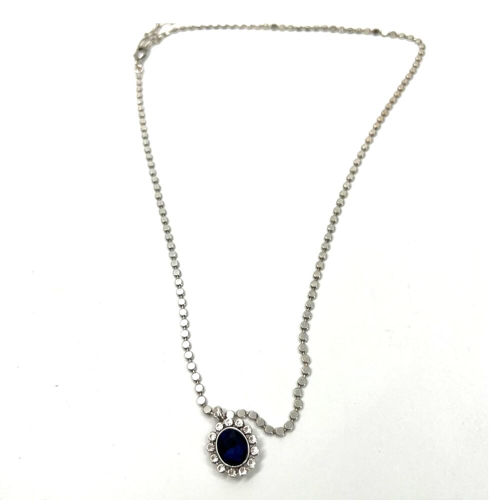 Ori Tao Simple Oval Pendant Necklace, Blue Center Stone Silver Tone Reversible